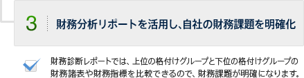 3.財務分析リポートを活用し、自社の財務課題を明確化　財務診断レポートでは、上位の格付けグループと下位の格付けグループの財務諸表や財務指標を比較できるので、財務課題が明確になります。