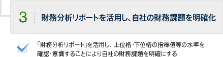 3.財務分析リポートを活用し、自社の財務課題を明確化　｢財務分析リポート｣を活用し、上位格・下位格の指標値等の水準を　
            確認・意識することにより自社の財務課題を明確にする